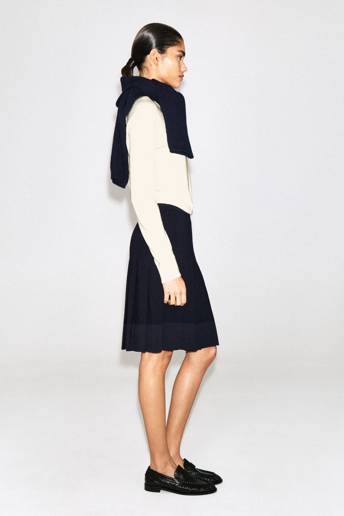 MERINO WOOL PLEATED MIDI SKIRT — Blue dark