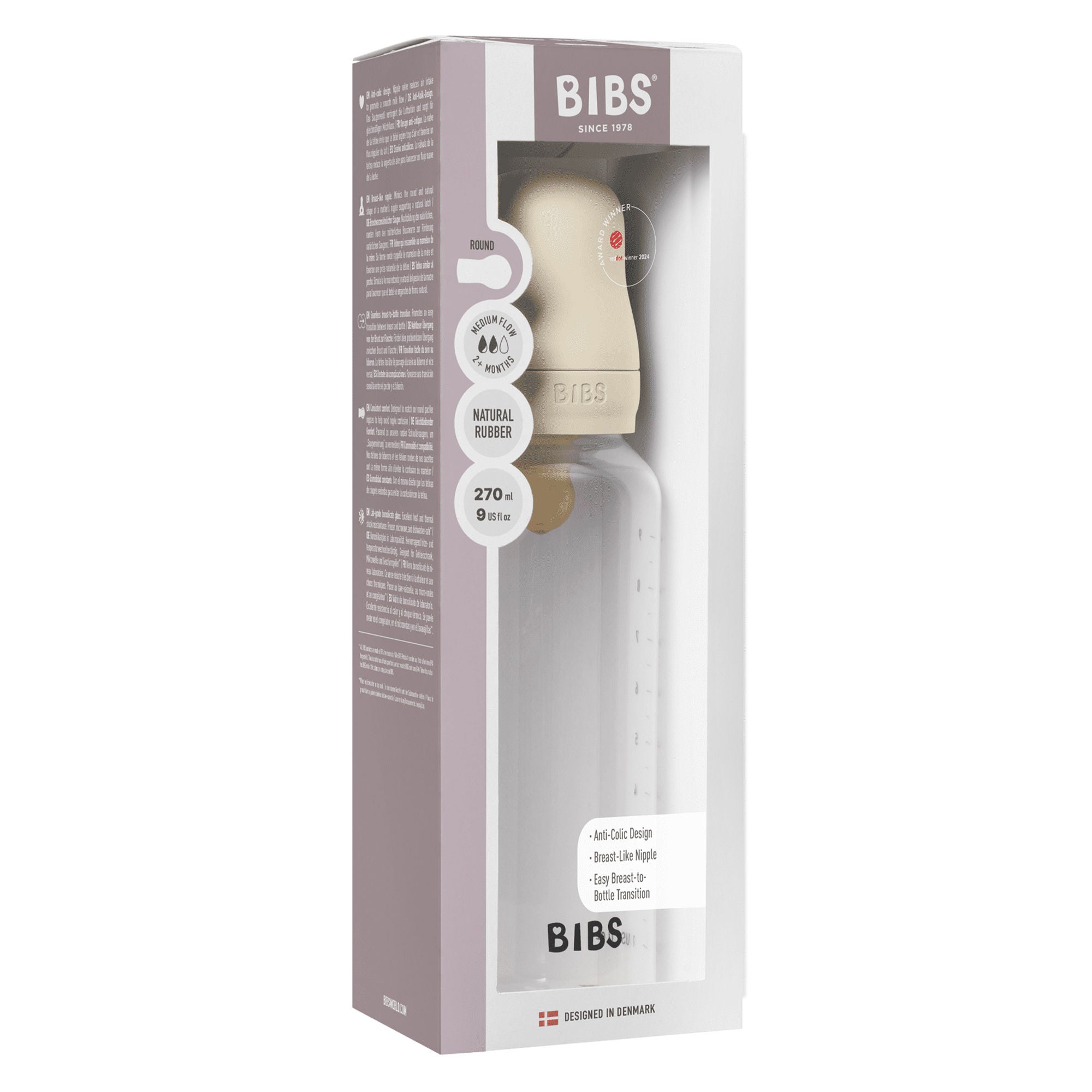 Bibs Baby Bottle Round Nipple Latex 1 Pack 270 Ml Medium Flow Ivory