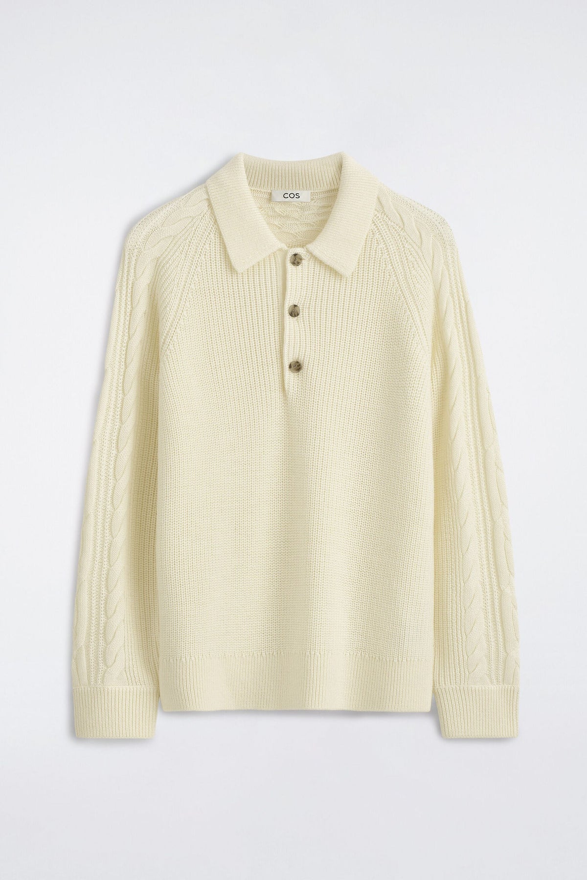 CABLE-DETAIL KNITTED WOOL POLO SHIRT — White dusty light