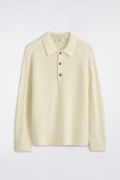 CABLE-DETAIL KNITTED WOOL POLO SHIRT — White dusty light 7