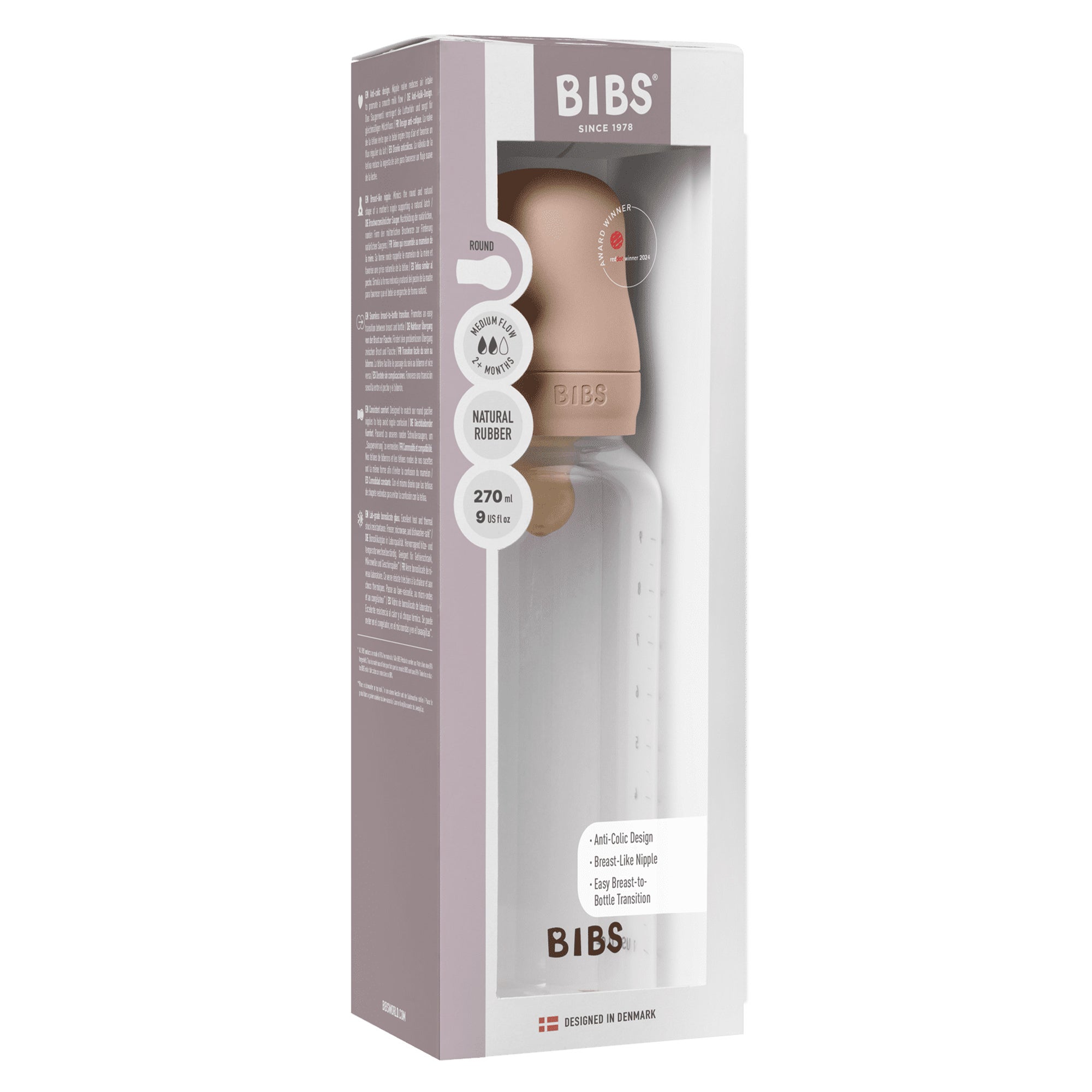 Bibs Baby Bottle Round Nipple Latex 1 Pack 270 Ml Medium Flow Blush