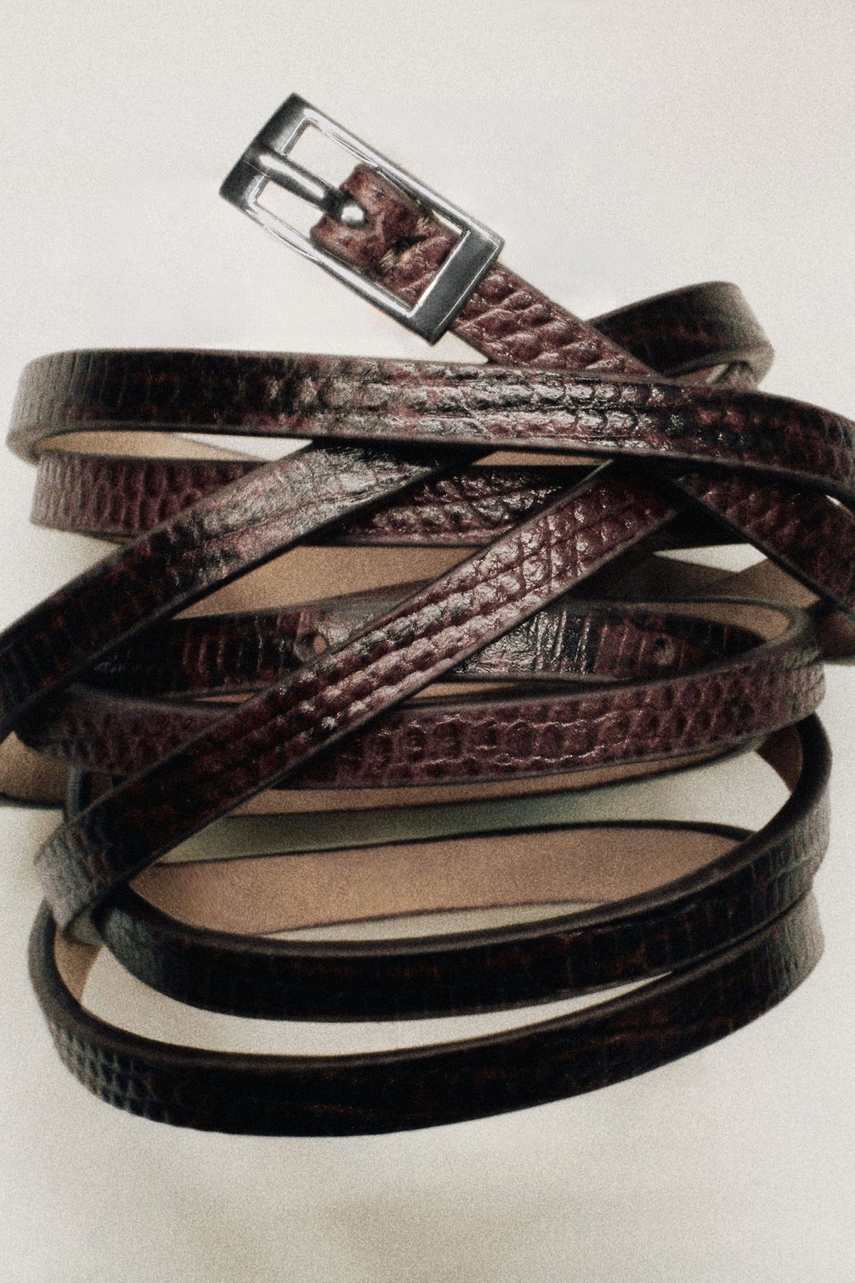 SKINNY DOUBLE-WRAP LEATHER BELT — Brown dark