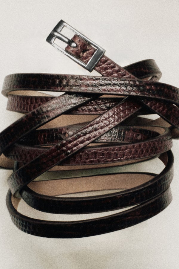 SKINNY DOUBLE-WRAP LEATHER BELT — Brown dark