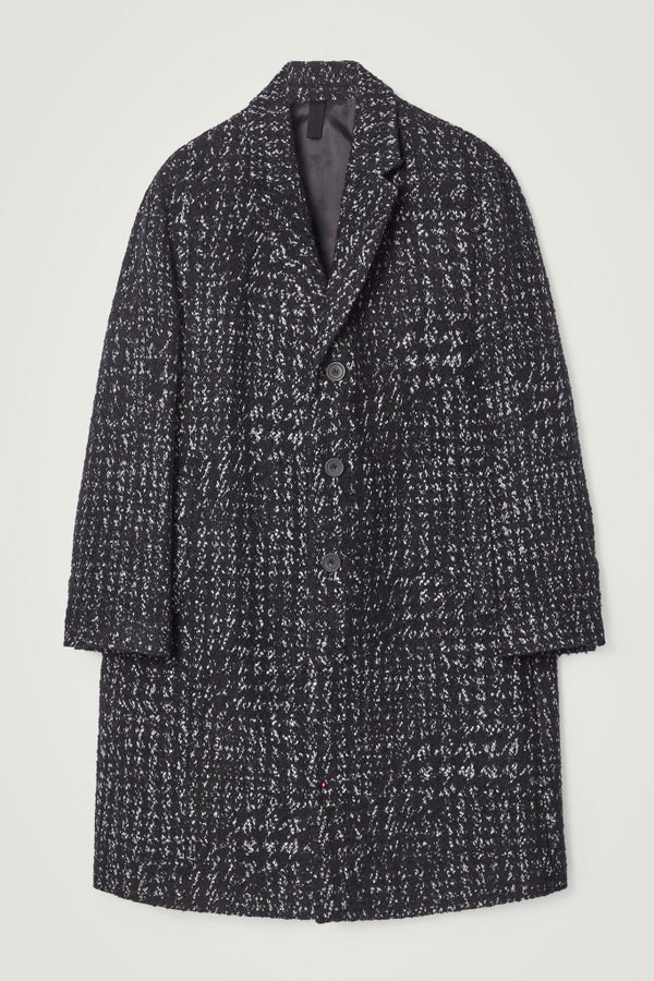 HOUNDSTOOTH BOUCLÉ OVERCOAT — Black dark