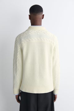 CABLE-DETAIL KNITTED WOOL POLO SHIRT — White dusty light 6