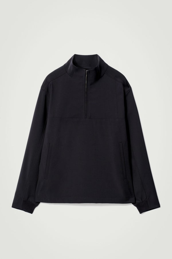 DOUBLE-FACED WOOL-BLEND HALF-ZIP JACKET — Blue dark