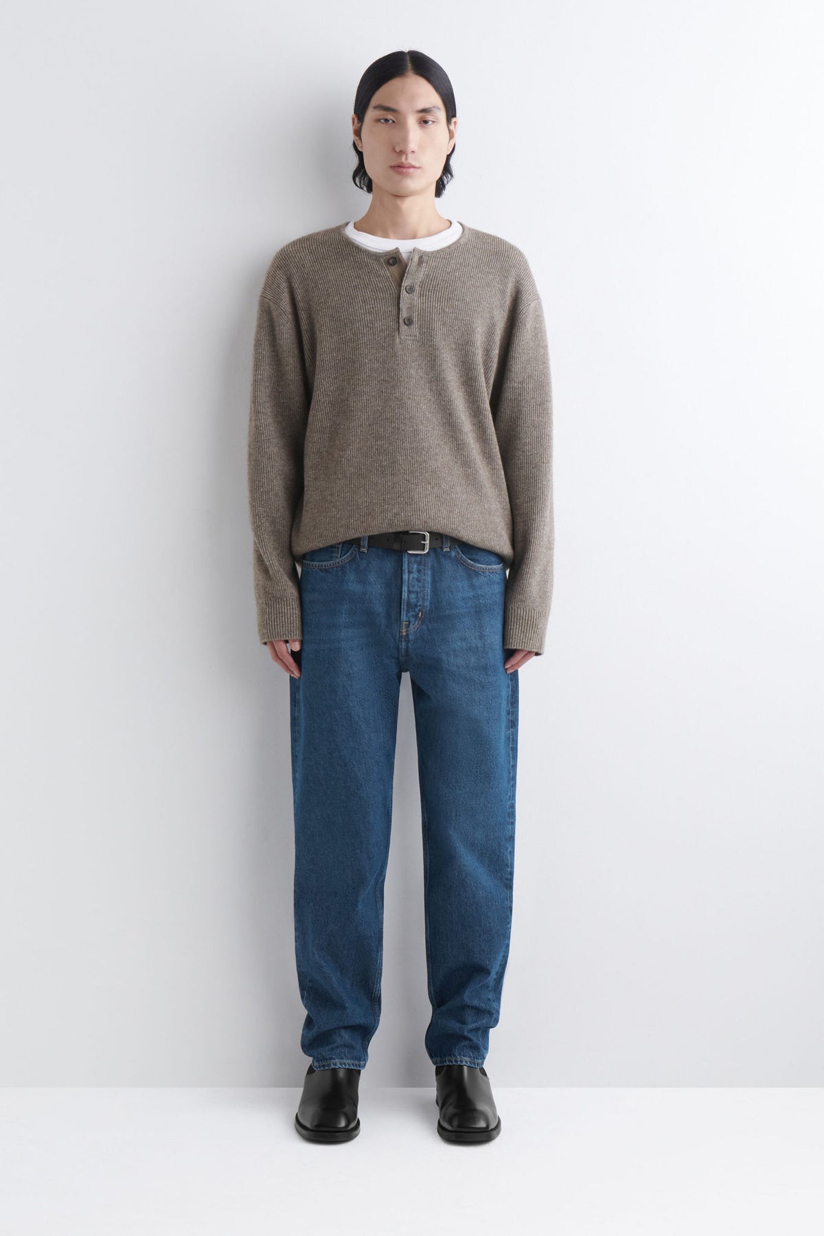 KNITTED MERINO-YAK HENLEY TOP — BEIGE DARK