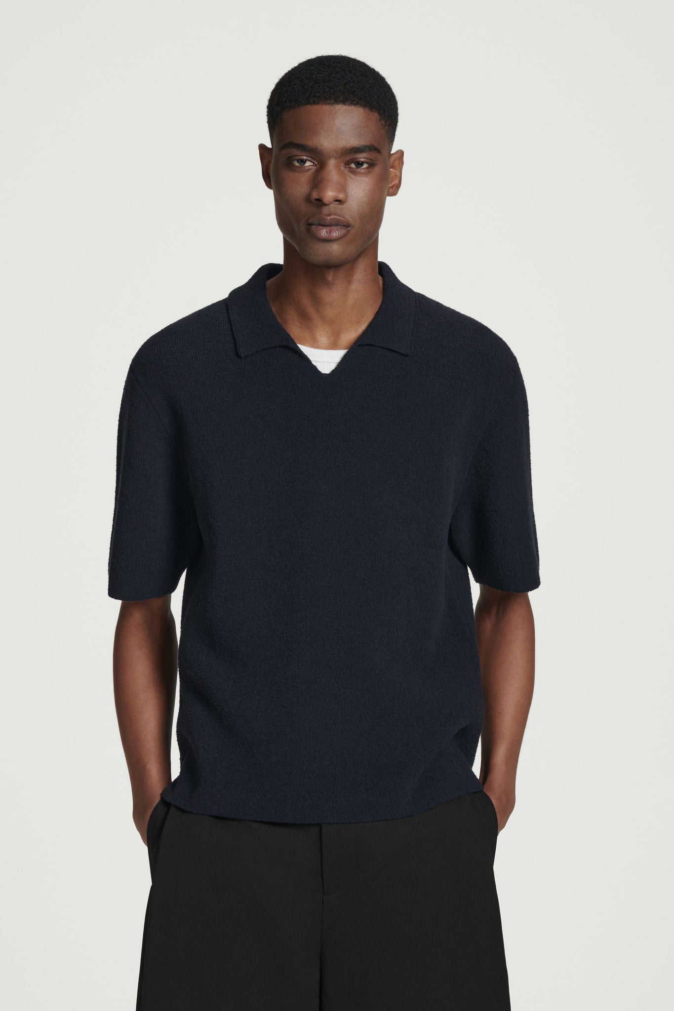 ★COOR★ Open collar cotton polo shirt black CMN3KT01K-BLK Open Collar Polo Shirt - Eton