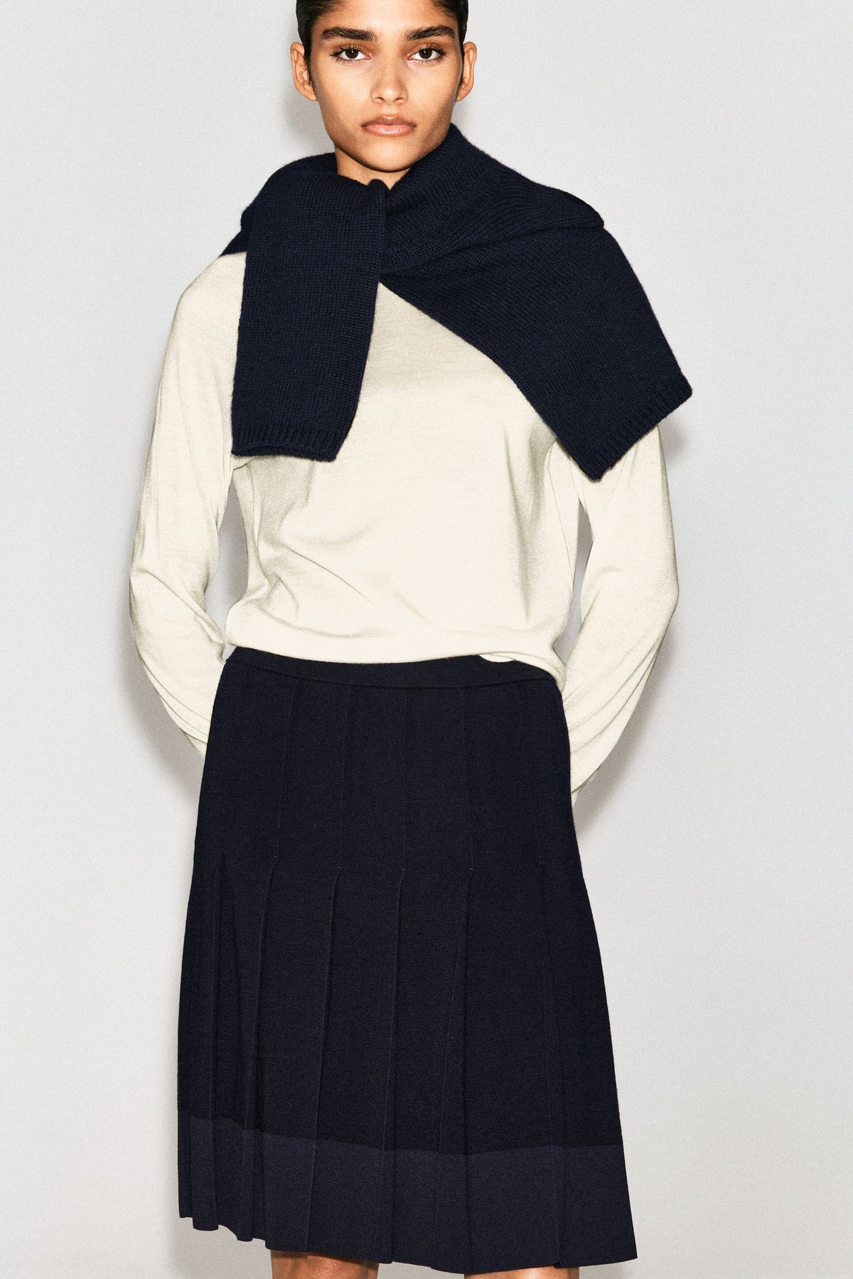 MERINO WOOL PLEATED MIDI SKIRT — Blue dark