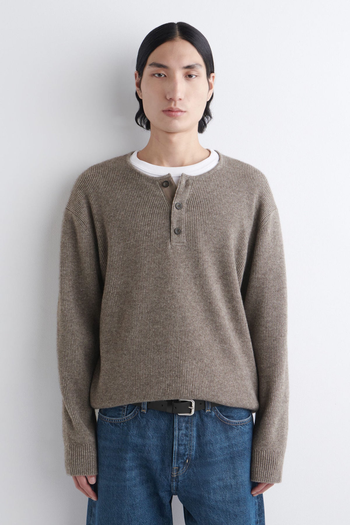 KNITTED MERINO-YAK HENLEY TOP — BEIGE DARK