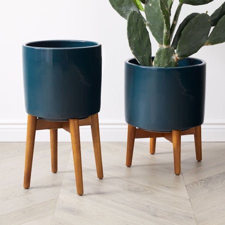 Mid-Century Turned Wood Leg Planters - Dark Teal