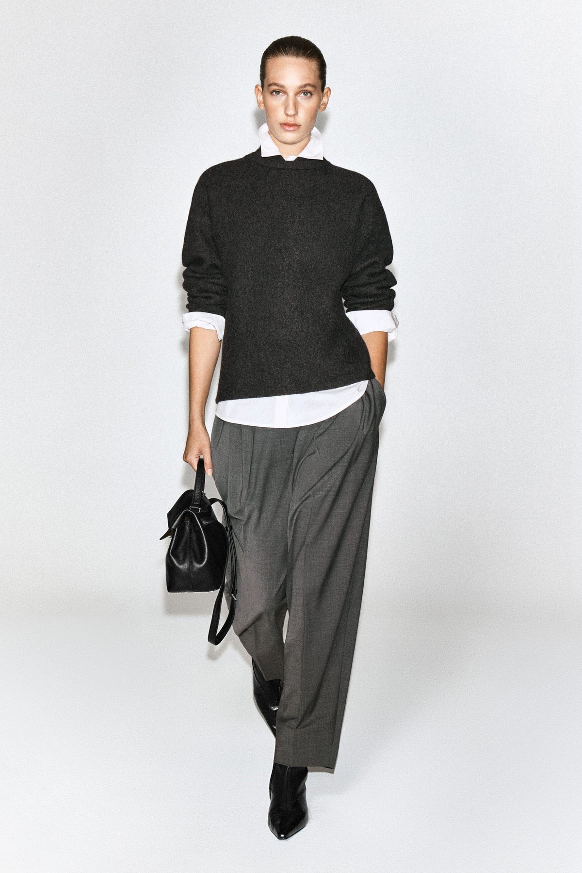 LAYERED-COLLAR BOILED WOOL JUMPER — Grey dark