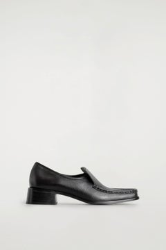 SQUARE-TOE LEATHER HEELED LOAFERS — Black dark 5