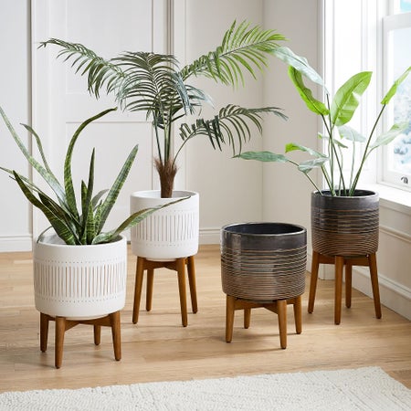Mid-Century Turned Wood Leg Planters Collection