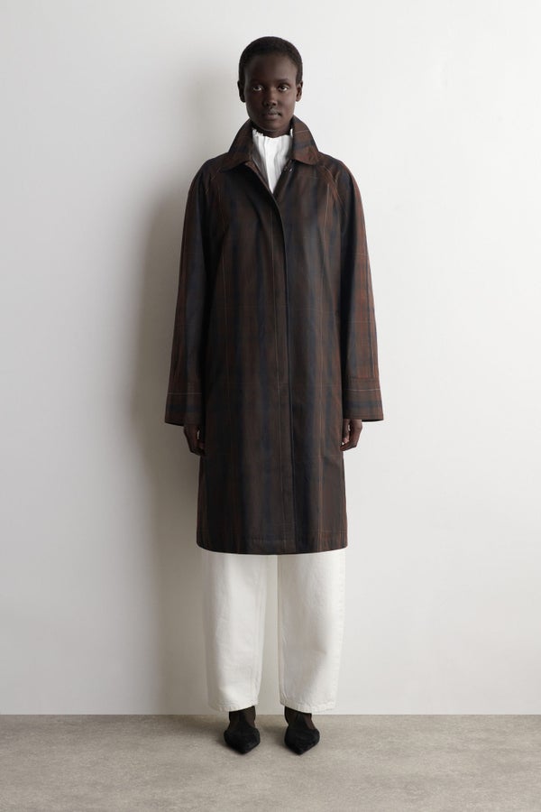 CHECKED WAXED-COTTON CAR COAT — Khaki green dark