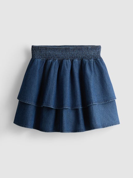 Cotton Denim Ruffle Mini Skirt