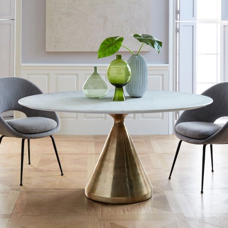 Silhouette Pedestal Oval Dining Table (60") - White Marble/Antique Brass