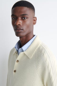 CABLE-DETAIL KNITTED WOOL POLO SHIRT — White dusty light 4