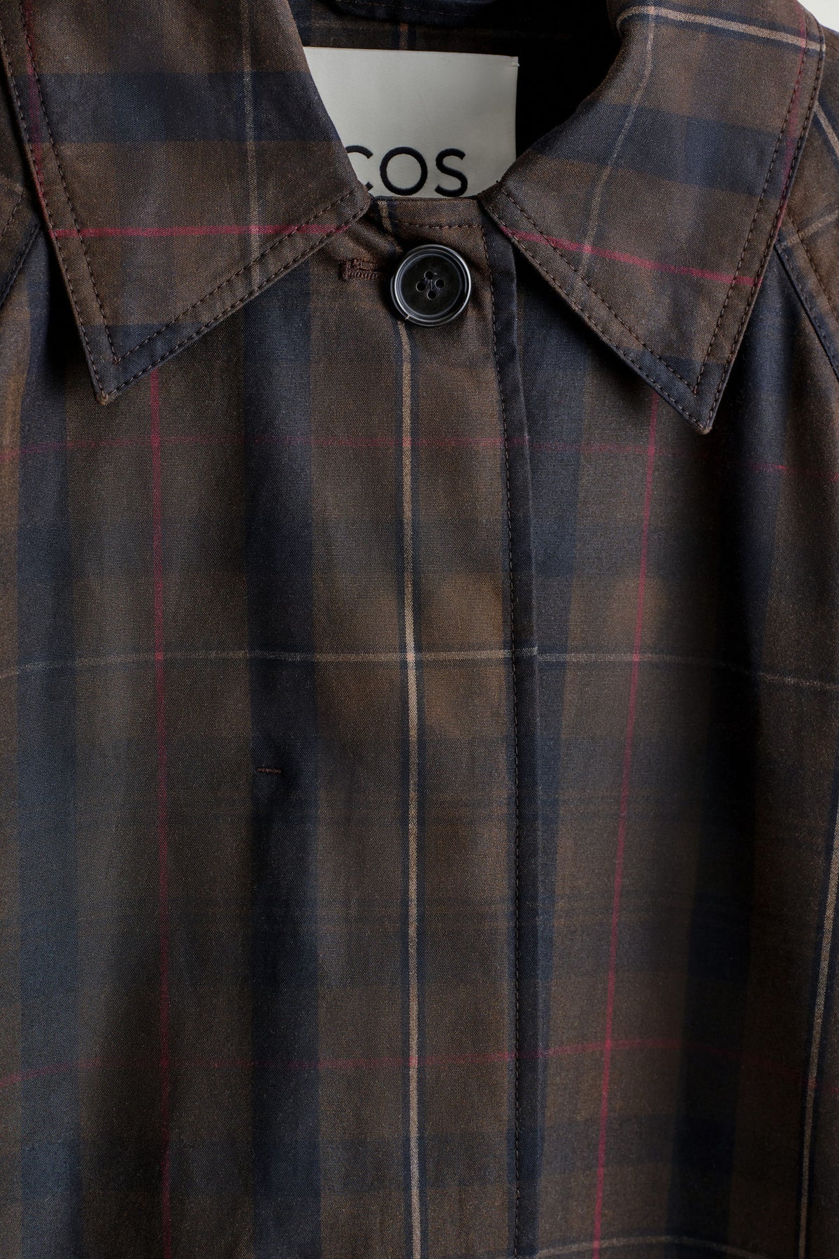 CHECKED WAXED-COTTON CAR COAT — Khaki green dark