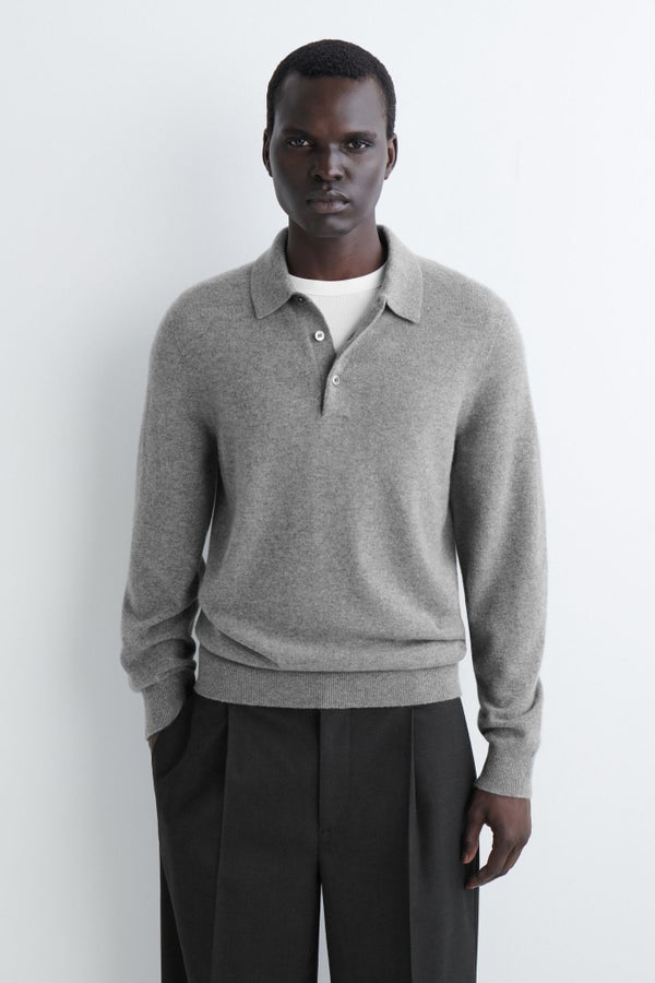 SEAMLESS PURE CASHMERE POLO SHIRT — Grey medium dusty
