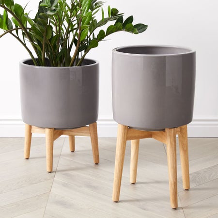 Mid-Century Turned Wood Leg Planters - Gray