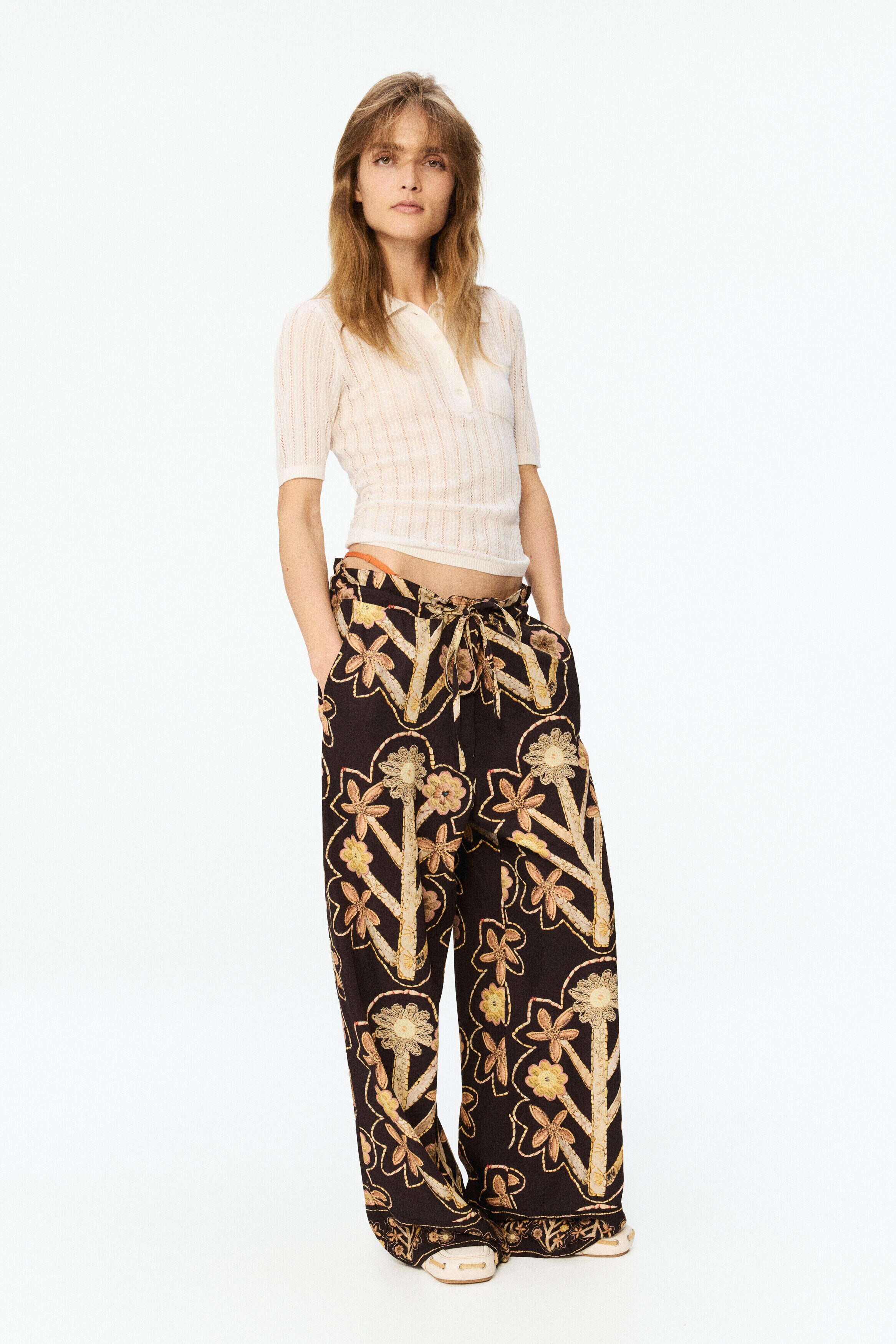 Floral-print twill trousers