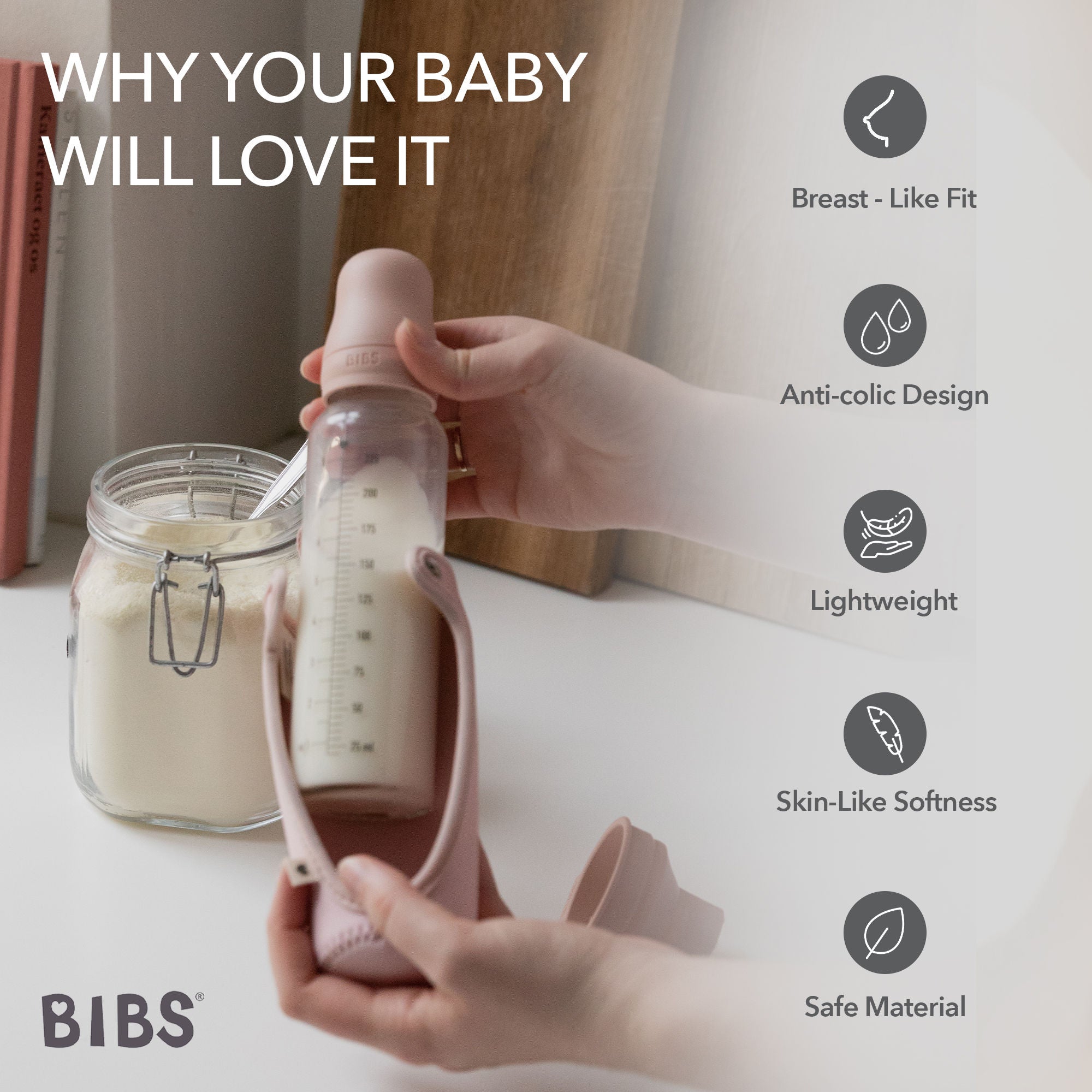 Bibs Baby Bottle Round Nipple Latex 1 Pack 270 Ml Medium Flow Blush