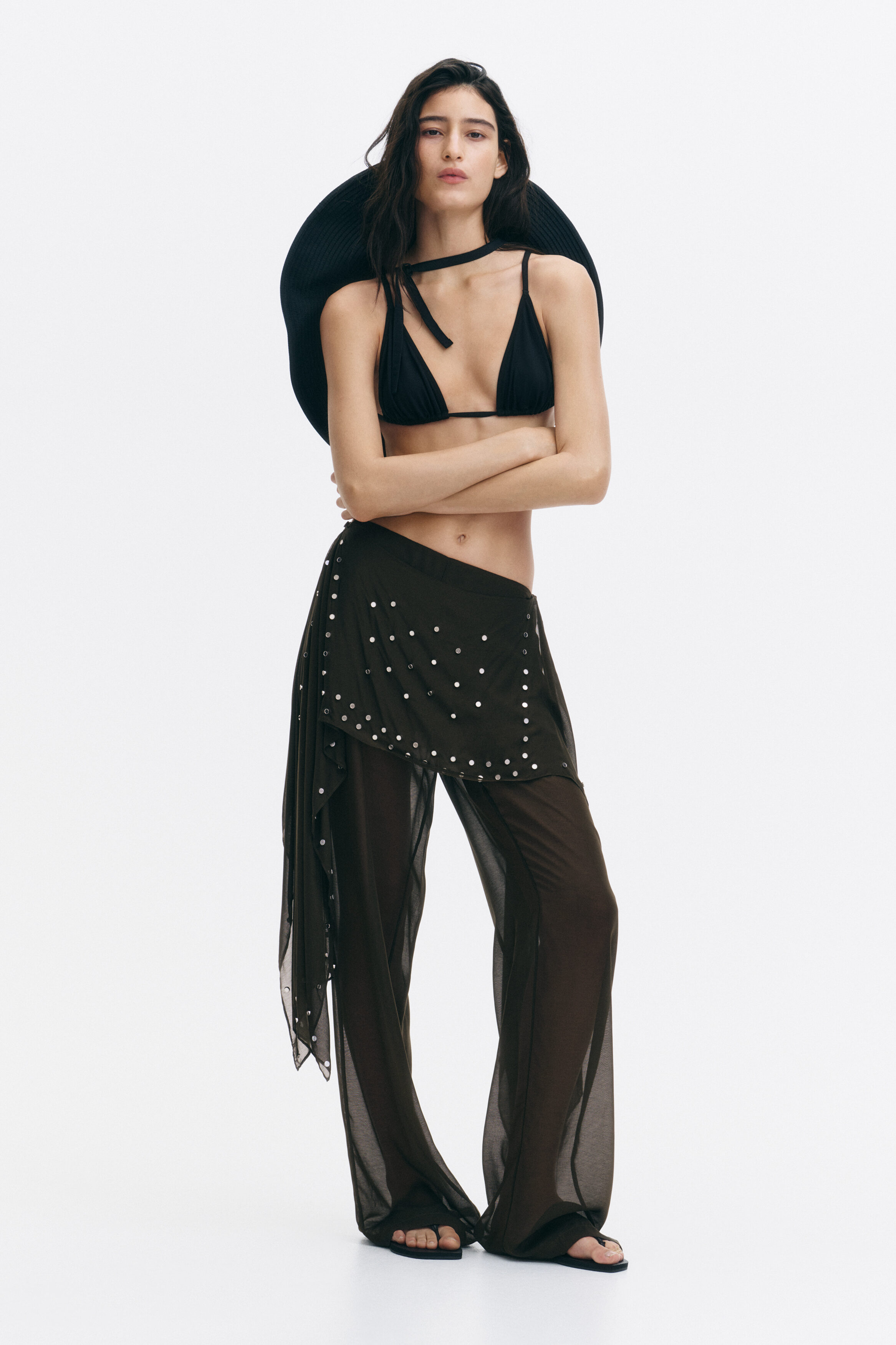 Studded skirt-layered trousers