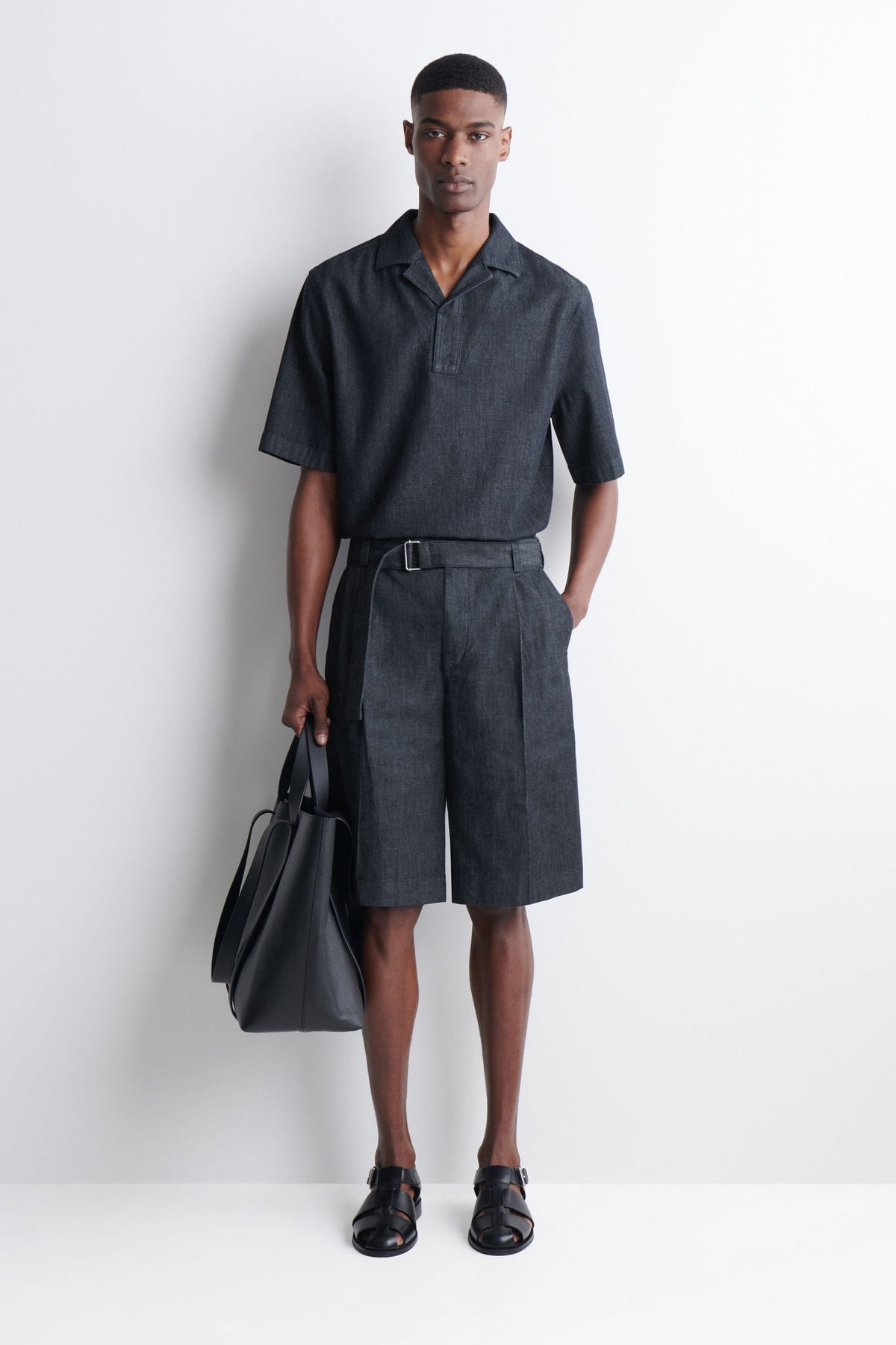 BELTED WIDE-LEG DENIM SHORTS — Grey medium dusty