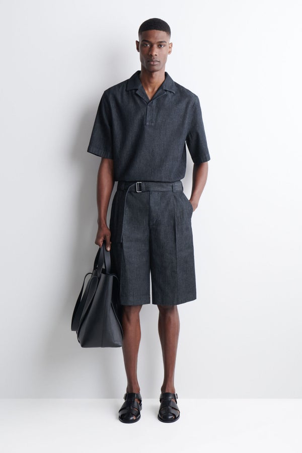 BELTED WIDE-LEG DENIM SHORTS — Grey medium dusty