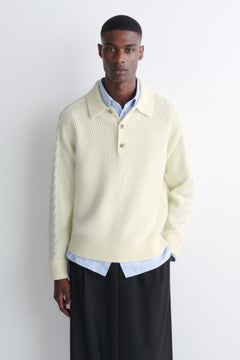 CABLE-DETAIL KNITTED WOOL POLO SHIRT — White dusty light 2