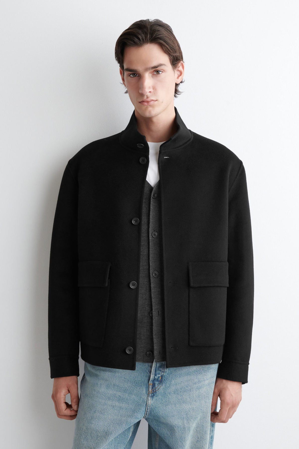 SPLIT WOOL HARRINGTON JACKET — Black dark