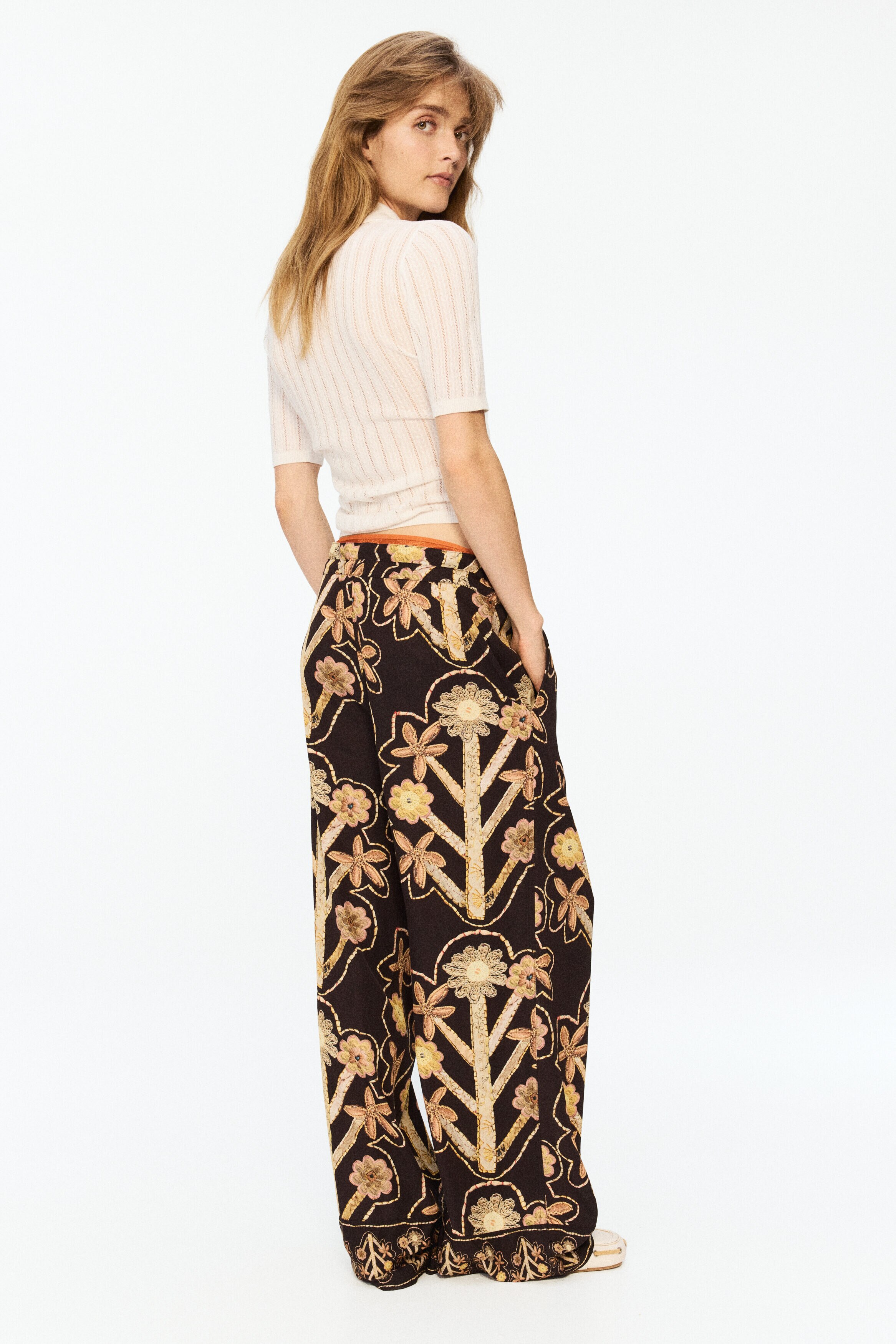 Floral-print twill trousers