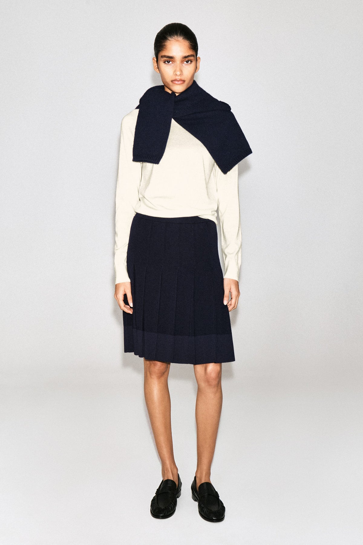 MERINO WOOL PLEATED MIDI SKIRT — Blue dark