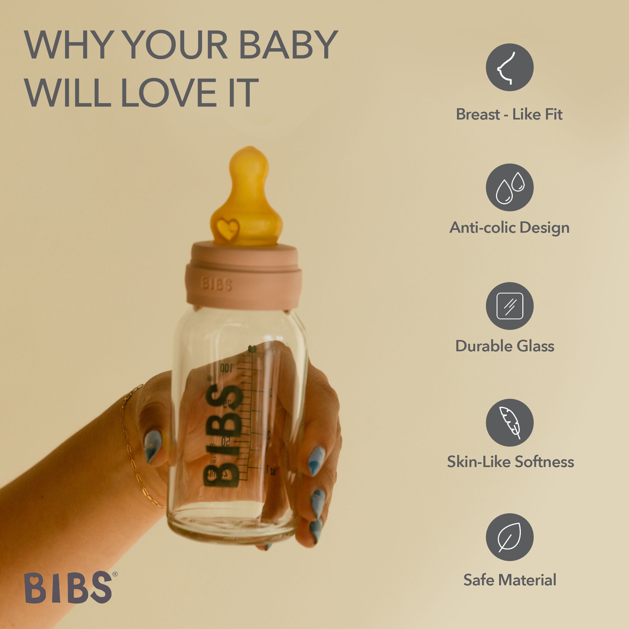 Bibs Baby Bottle Round Nipple Latex 1 Pack 150 Ml Slow Flow Blush