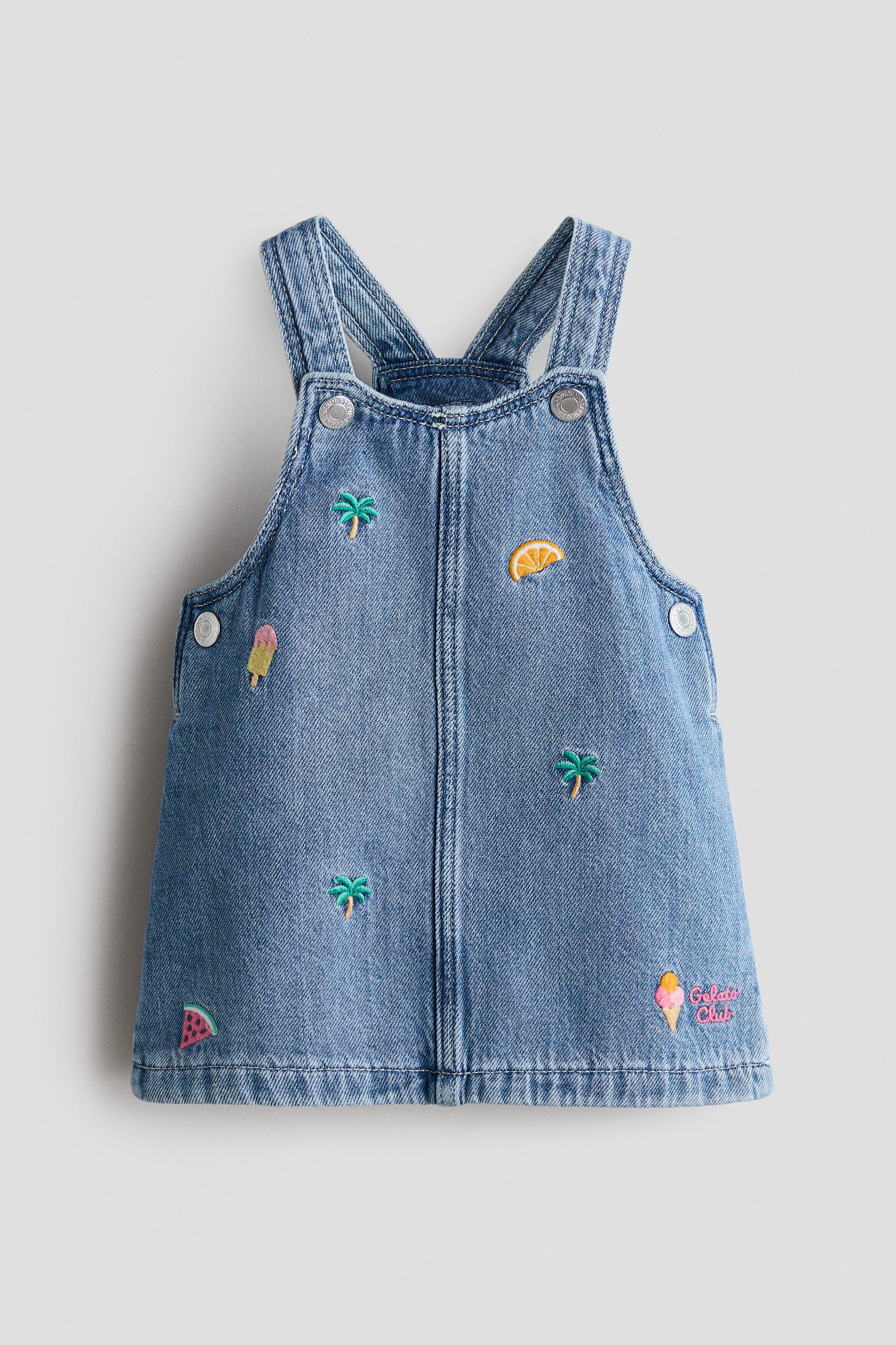 Embroidery-detail denim dungaree dress