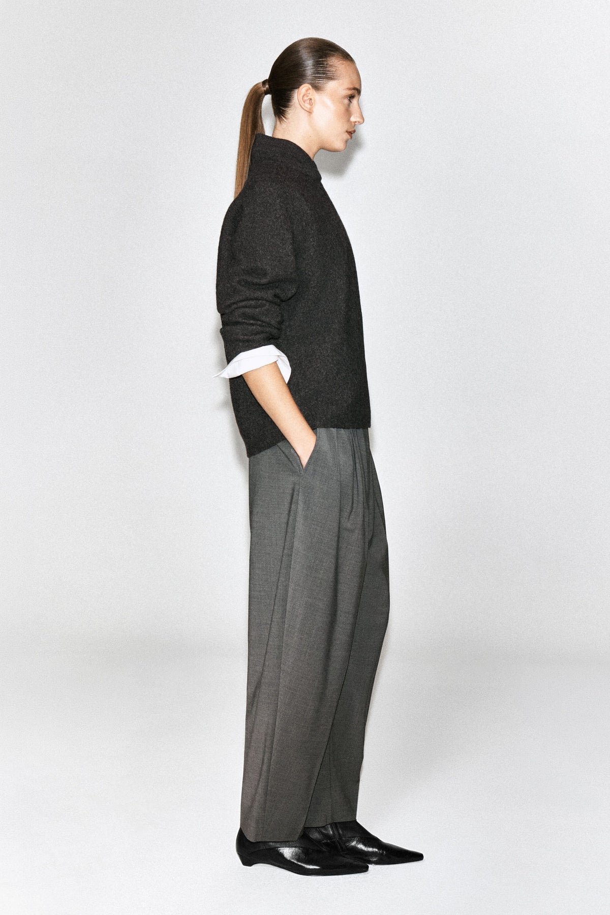 LAYERED-COLLAR BOILED WOOL JUMPER — Grey dark
