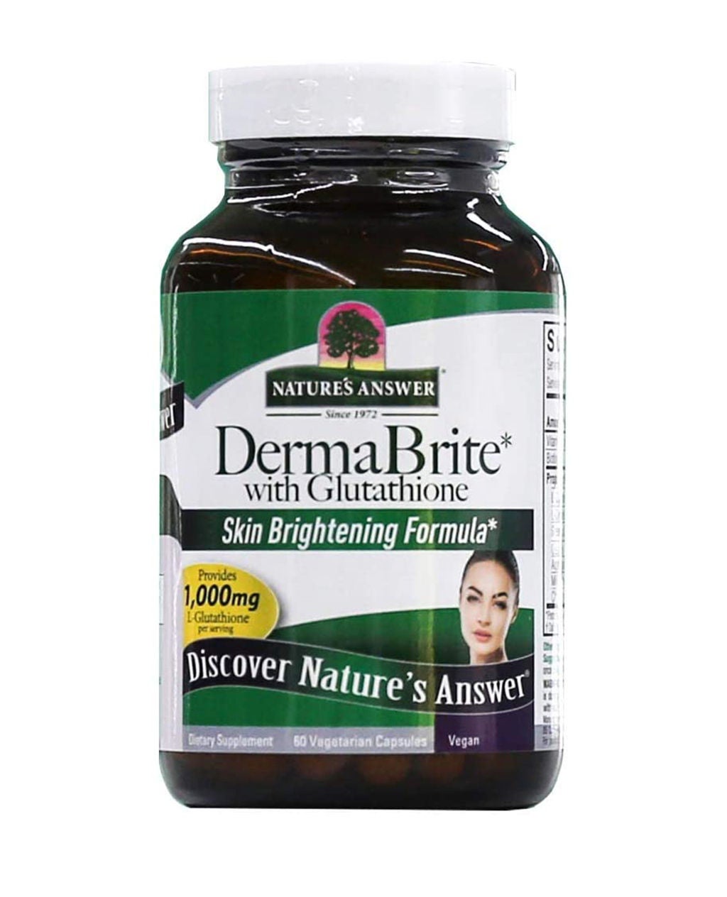 dermabrite with glutathione Осветление кожи, DermaBrite with Glutathione, Nature's Answer, формула с  глутатионом, 1000 мг, 60 веганских капсул - Купить в Киеве и Украине main image 1